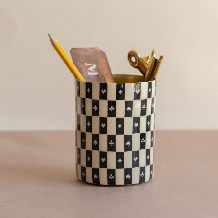 Metal pen holder pot with black-and-white checkerboard poker symbols