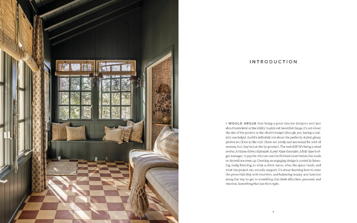Interior design book page with room photo and small text under “Introduction”