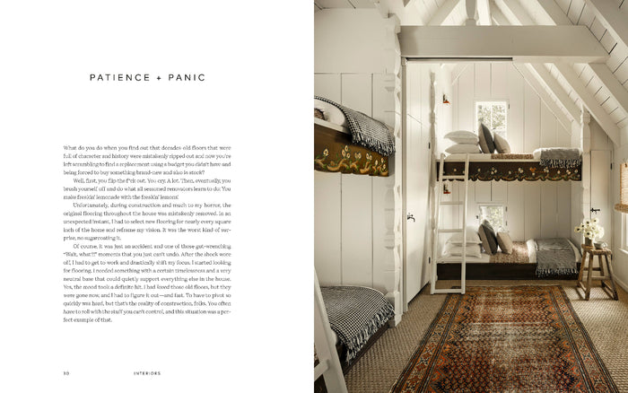 Interior design book spread with room photo and headline “PATIENCE + PANIC”