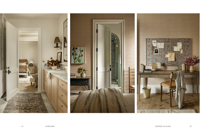 Interior design book page showing three bathroom vanity views