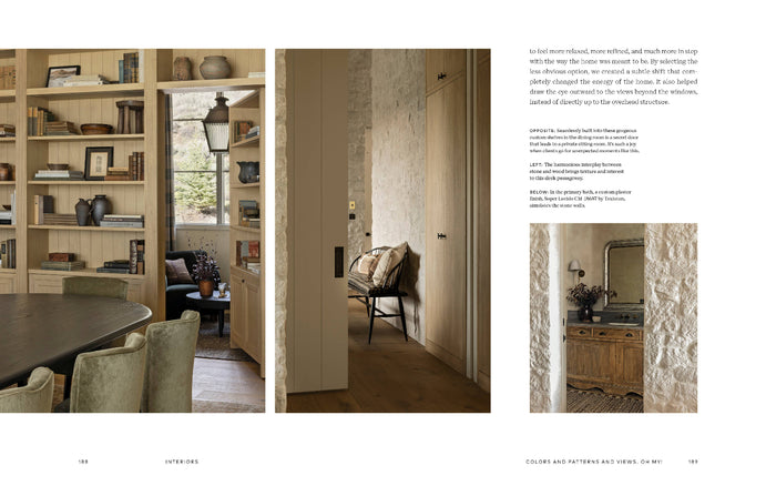 Interior design book page with living area photo and doorway detail