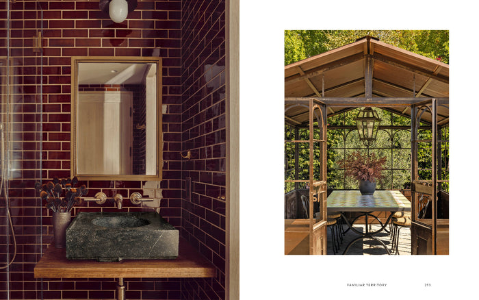 Interior design book page showing brick sink and outdoor gazebo scene