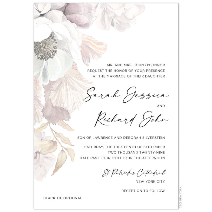 White invitation with blush, ivory, cream, tan watercolor flowers on the top left corner, draping down the invitation. Black block text right aligned on the invitation.