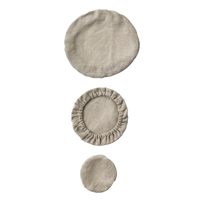 Set of 3 linen bowl covers, round covers with elastic ruffle, light beige