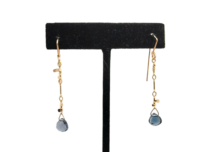 Gold Dangle earrings with deep blue topaz stones