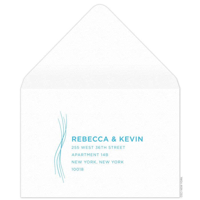 Thin, wavy, blue lines with san serif copy left aligned and centered on the front of the white reply envelope.