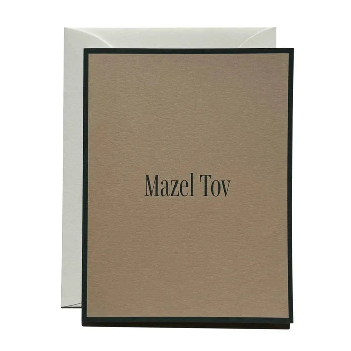 Mazel Tov greeting card with beige front, dark border, and centered title text