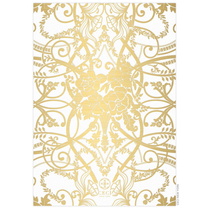 Invitation back with baroque scrolls and flowers in gold foil. Ceci New York logo centered in the bottom, middle of invitation.