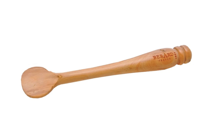Mini wooden mustard spatula with round head and engraved brand on handle
