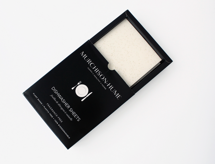 Murchison-Hume dishwasher soap sheet pack, black box with white sheet inside
