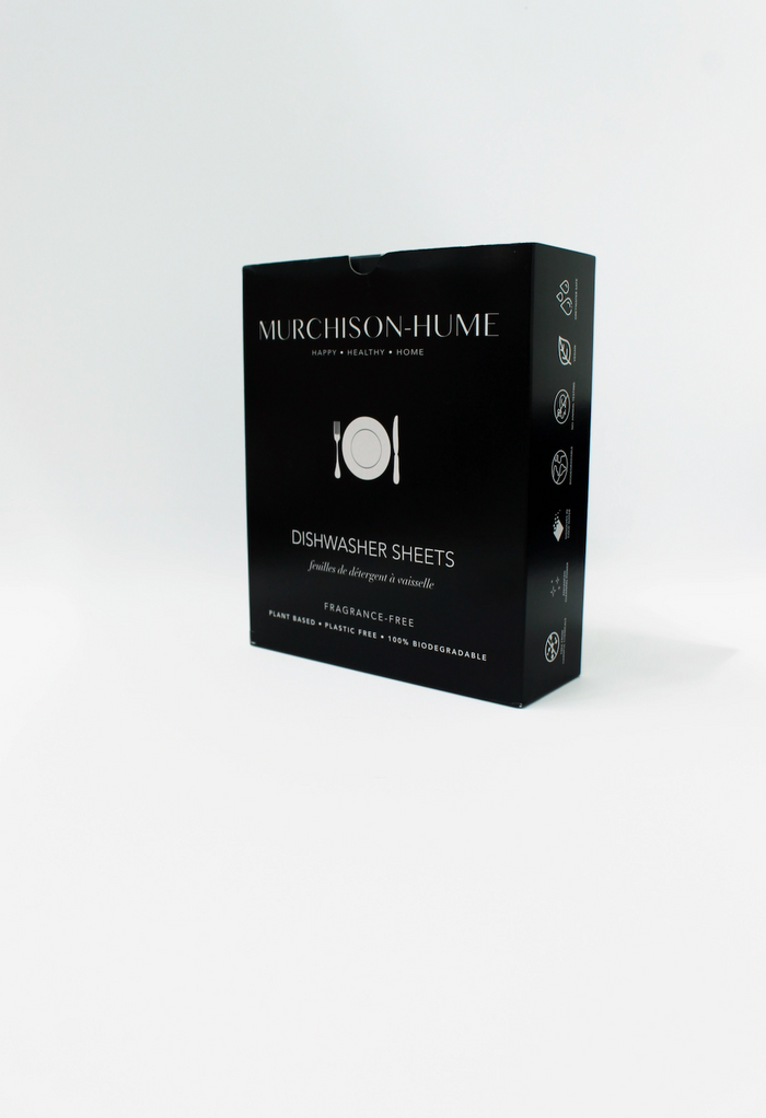 Murchison-Hume dishwasher soap sheets box, black carton with icons on side
