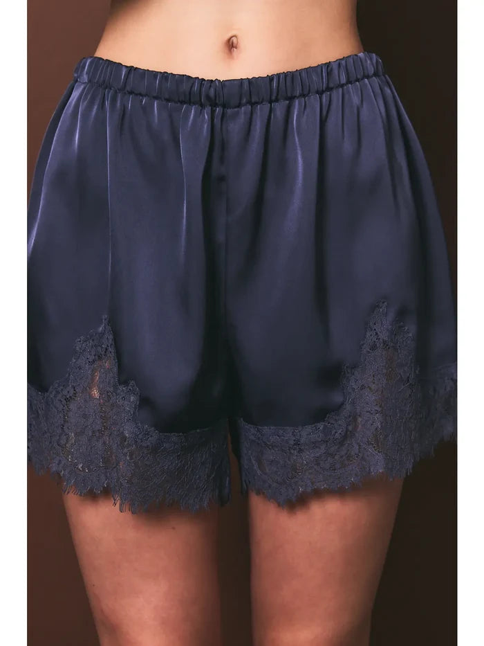 Navy Elastic Waist Mid Rise Lace Trim Shorts