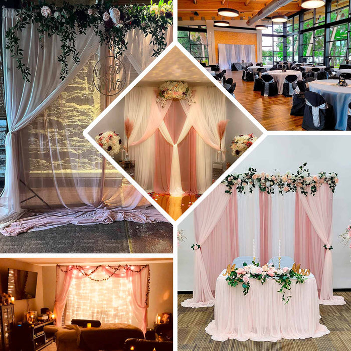 Decorative drapery and floral arrangements for events and celebrations.