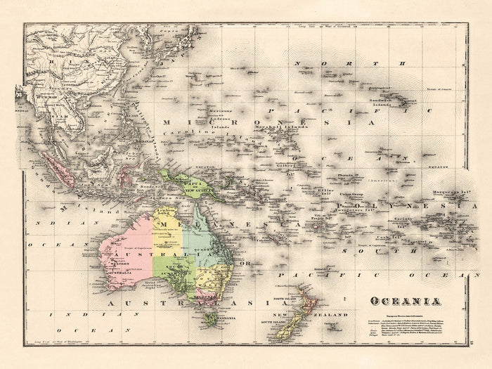 Old Map of Oceania by MacDonald, 1881: Washington meridian, hachures & bathymetric lines, European possessions
