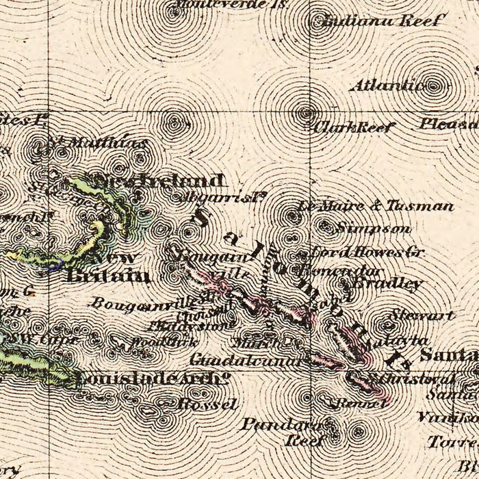 Old Map of Oceania by MacDonald, 1881: Washington meridian, hachures & bathymetric lines, European possessions