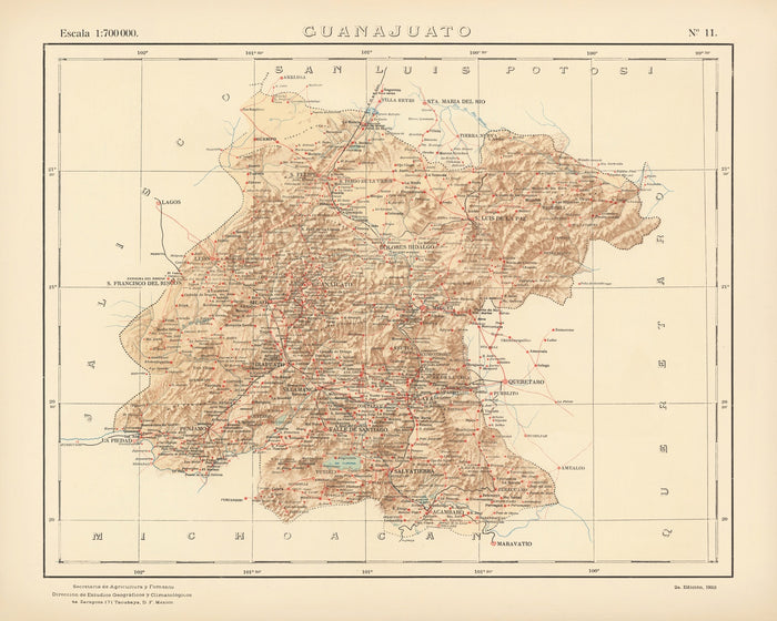 Old Topographic Map of Guanajuato, Mexico, 1922: León, Celaya, Irapuato, San Miguel de Allende, Salamanca