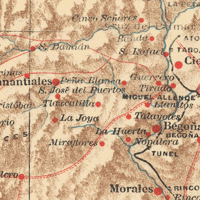 Old Topographic Map of Guanajuato, Mexico, 1922: León, Celaya, Irapuato, San Miguel de Allende, Salamanca