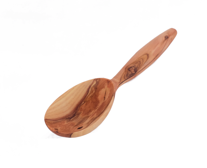 Olive-wood ice cream scoop close-up, oval bowl and tapered handle
