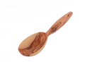 Olive-wood ice cream scoop close-up, oval bowl and tapered handle