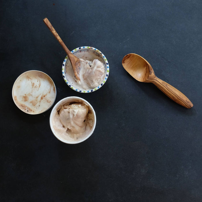 Olive-wood ice cream scoop, rounded wooden bowl and long handle