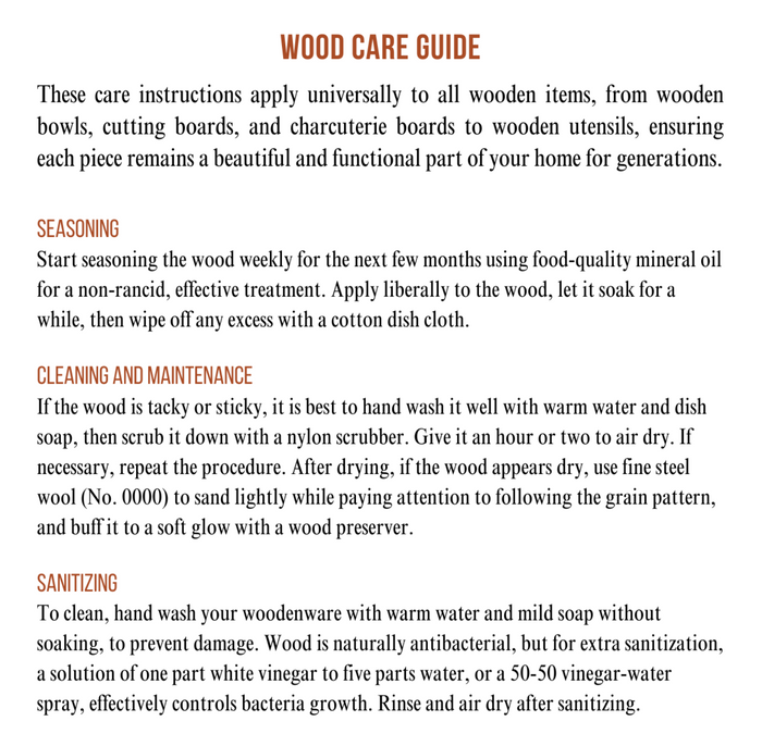 Wood care guide card with “WOOD CARE GUIDE” title and cleaning instructions