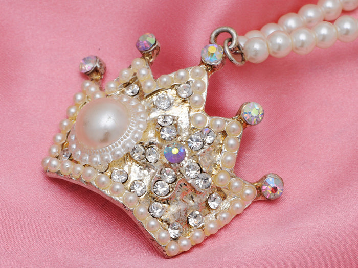 Pearl Bead Strand Byzantine Royal King Crown Pendant Necklace