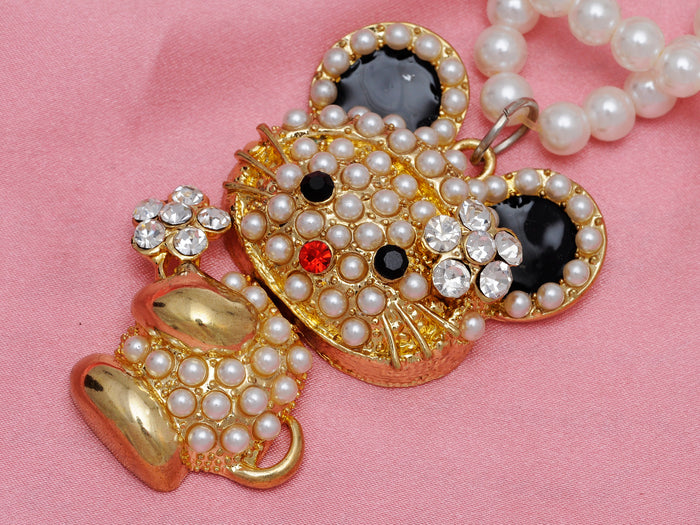 Pearl Bead Strand Daisy Flower Mouse Pendant Necklace