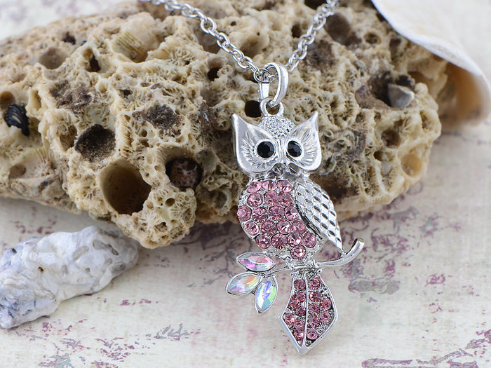 Pink Leaf Owl Bird Pendant Necklace