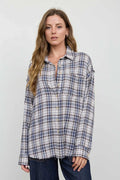 Plaid Collared Button Down Distressed Top