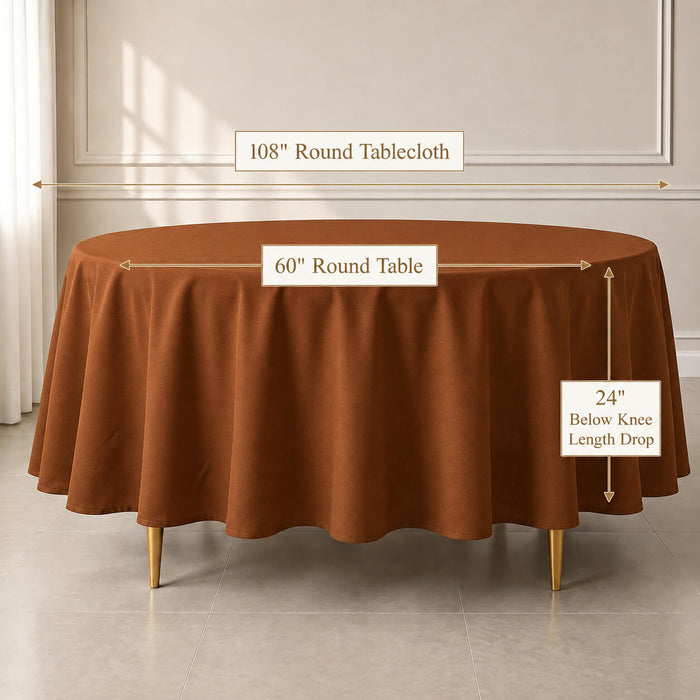 Cinnamon brown round tablecloth on a round table in a stylish setting.