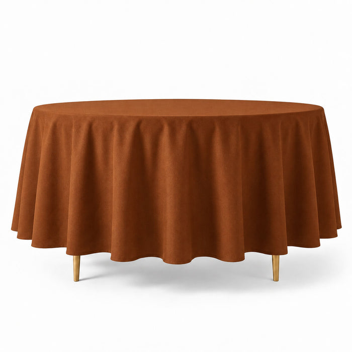 Cinnamon brown round tablecloth, 108 inches, durable and stain-resistant.