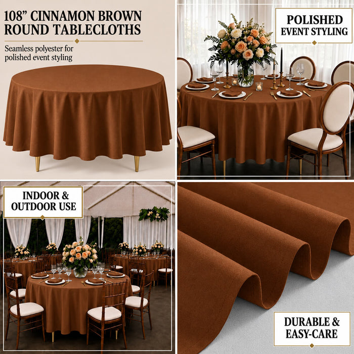 Cinnamon brown polyester round tablecloth for events, durable and stain-resistant.