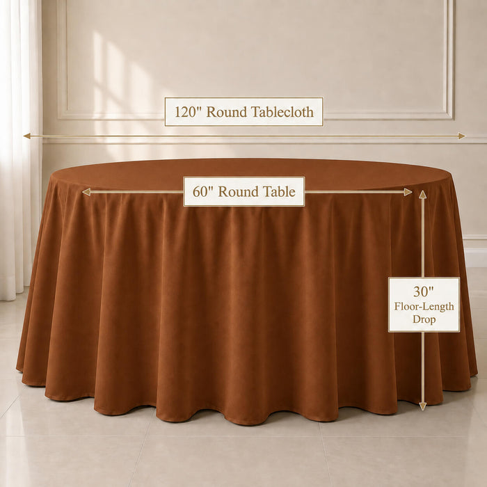 Cinnamon brown round tablecloth for a 120" table, seamless and durable.