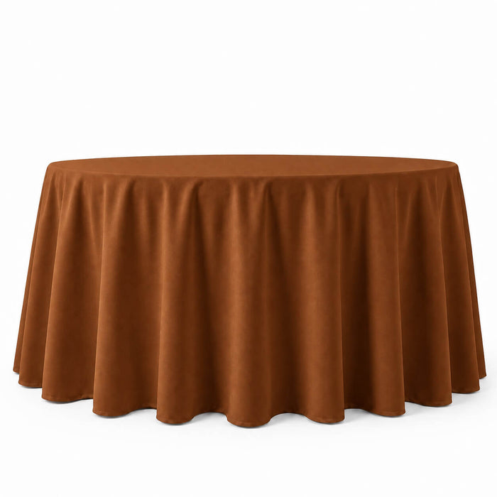 Cinnamon brown round tablecloth, durable and seamless table cover.