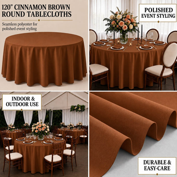 Cinnamon brown seamless polyester round tablecloth for elegant dining.