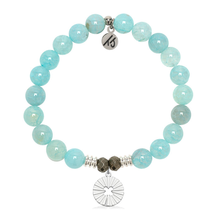 Prayers Collection: Aqua Fire Agate Gemstone Bracelet with Prayers of Luck Sterling Silver Charm