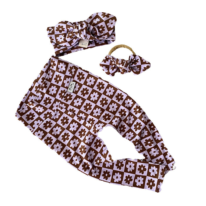 Purple and White Checkered Florals Leggings and/or Headbands