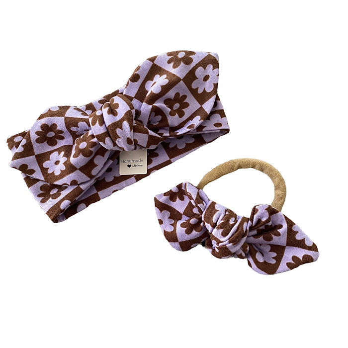 Purple and White Checkered Florals Leggings and/or Headbands