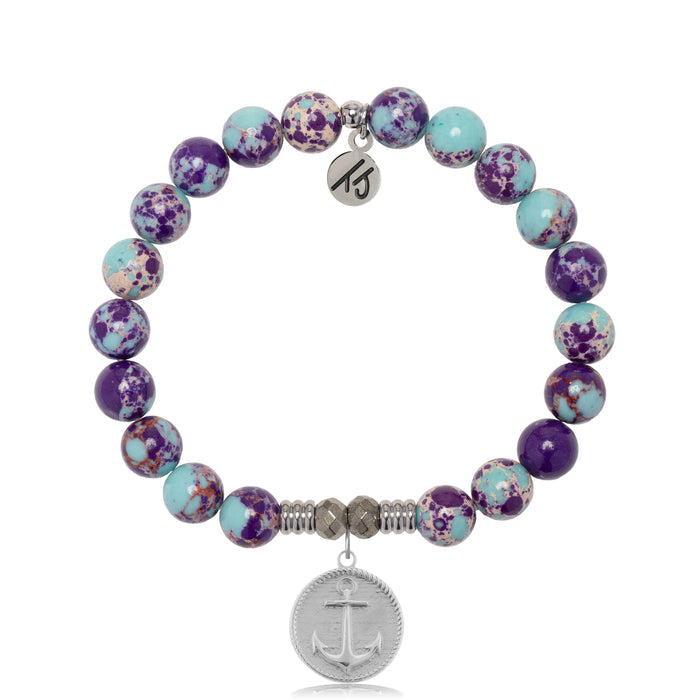 Purple Blue Jasper Gemstone Bracelet with Anchor Sterling Silver Charm
