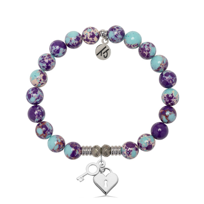 Purple Blue Jasper Gemstone Bracelet with Key to My Heart Sterling Silver Charm
