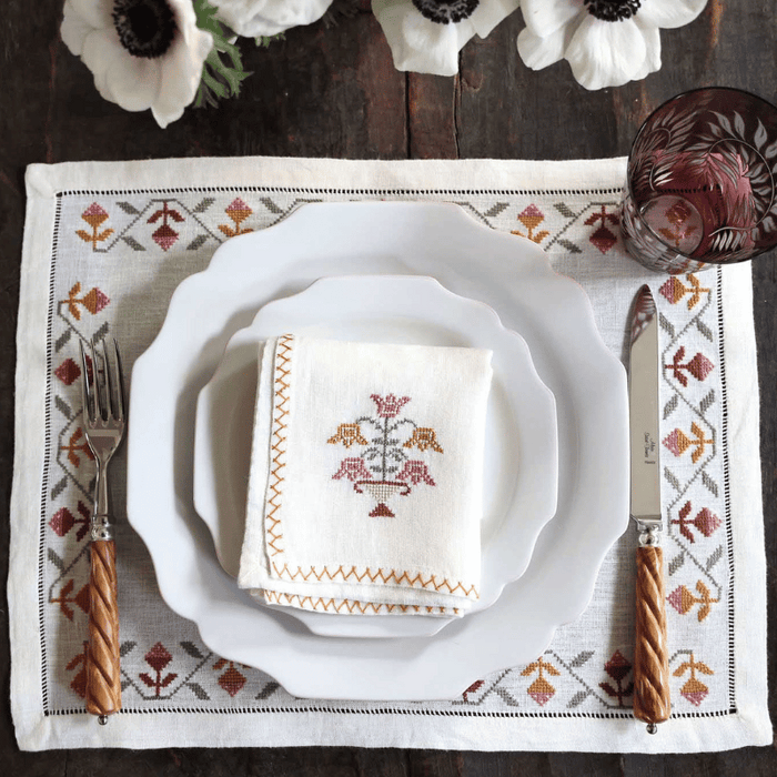 Rosebud Hand-Embroidered Linen Placemat