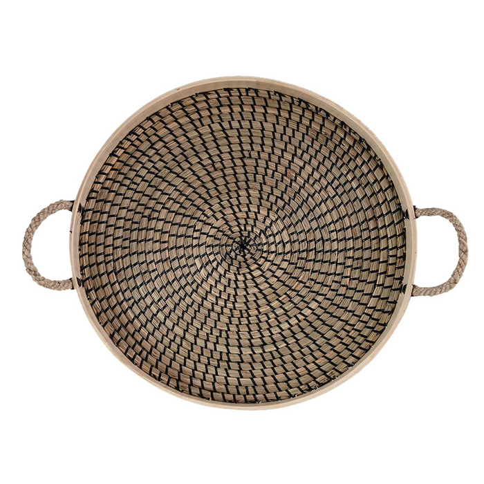 Round Decorative Seagrass & Bamboo Tray w/ Rope Handles, Natural & Black