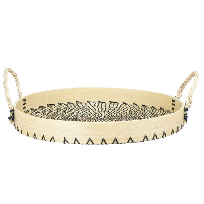 Round Decorative Seagrass & Bamboo Tray w/ Rope Handles, Natural & Black