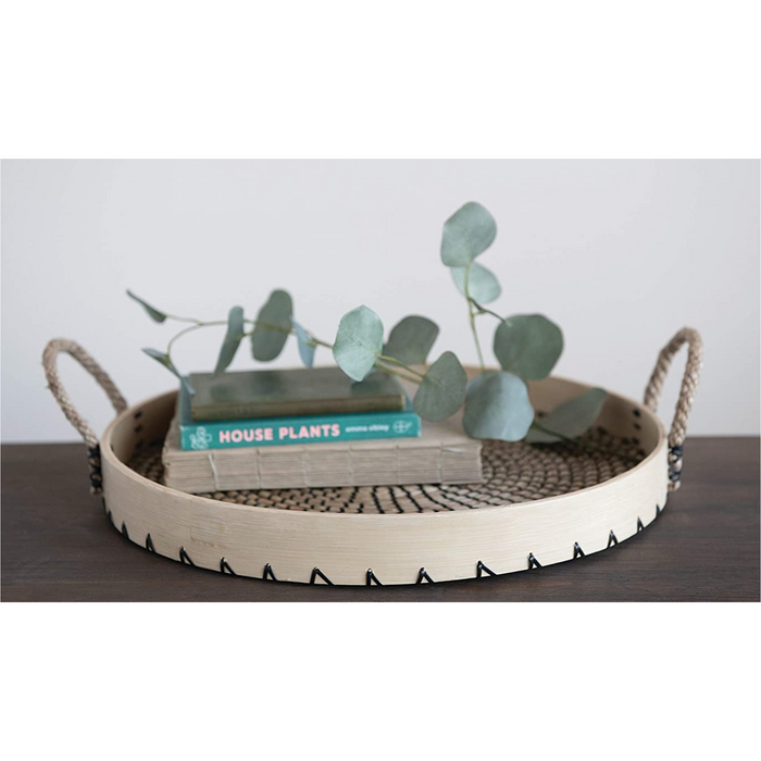 Round Decorative Seagrass & Bamboo Tray w/ Rope Handles, Natural & Black