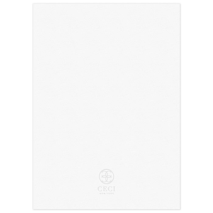 White blank back of an invitation with a gray Ceci New York circle logo at the bottom.