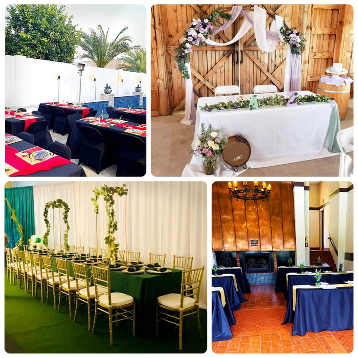 Elegant event setup with decorated tables, floral arrangements, and rustic backdrop.