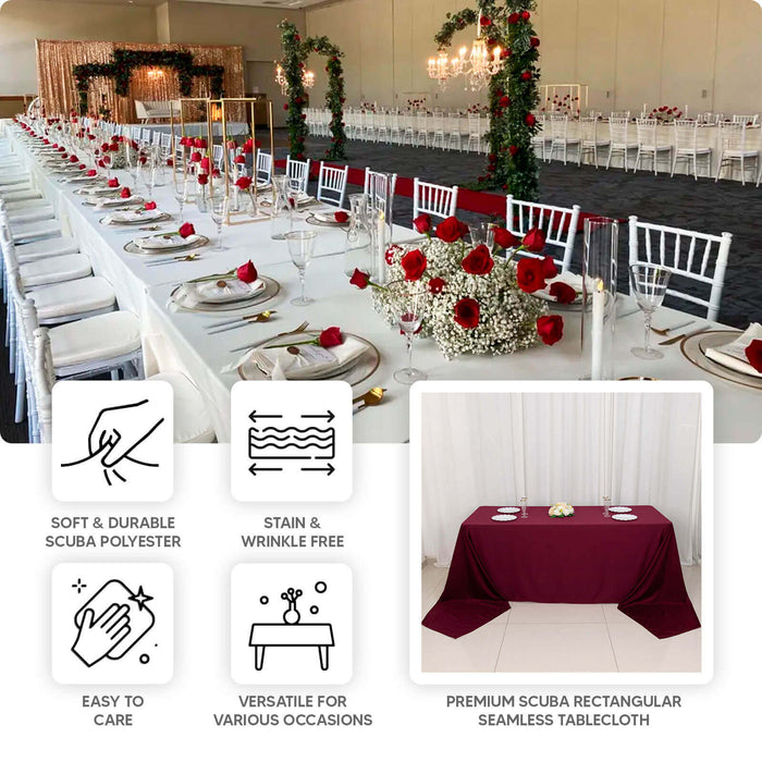 Premium scuba rectangular seamless tablecloth in rich burgundy color.