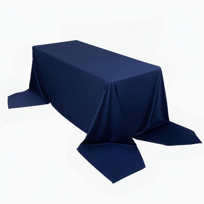 Navy blue tablecloth draped over a rectangular table