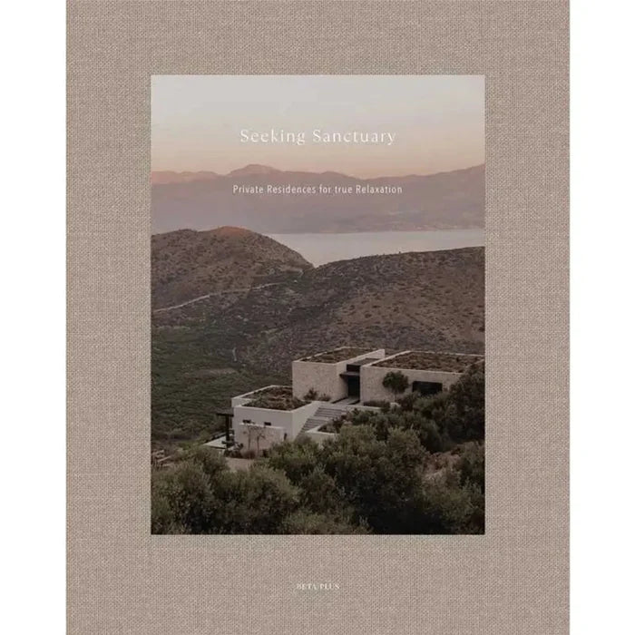 Seeking Sanctuary book cover with mountain landscape photo and minimalist title text