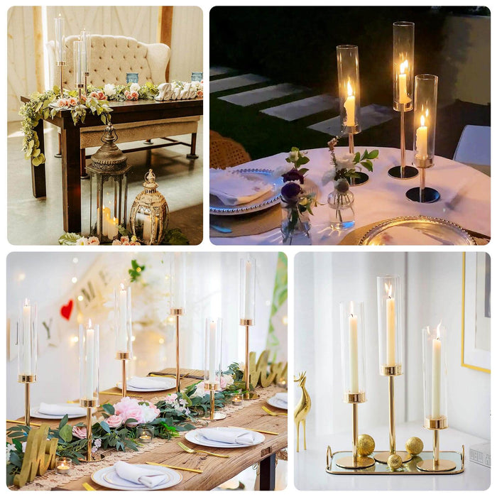 Elegant candle holders in various settings with candles lit, creating a warm ambiance.